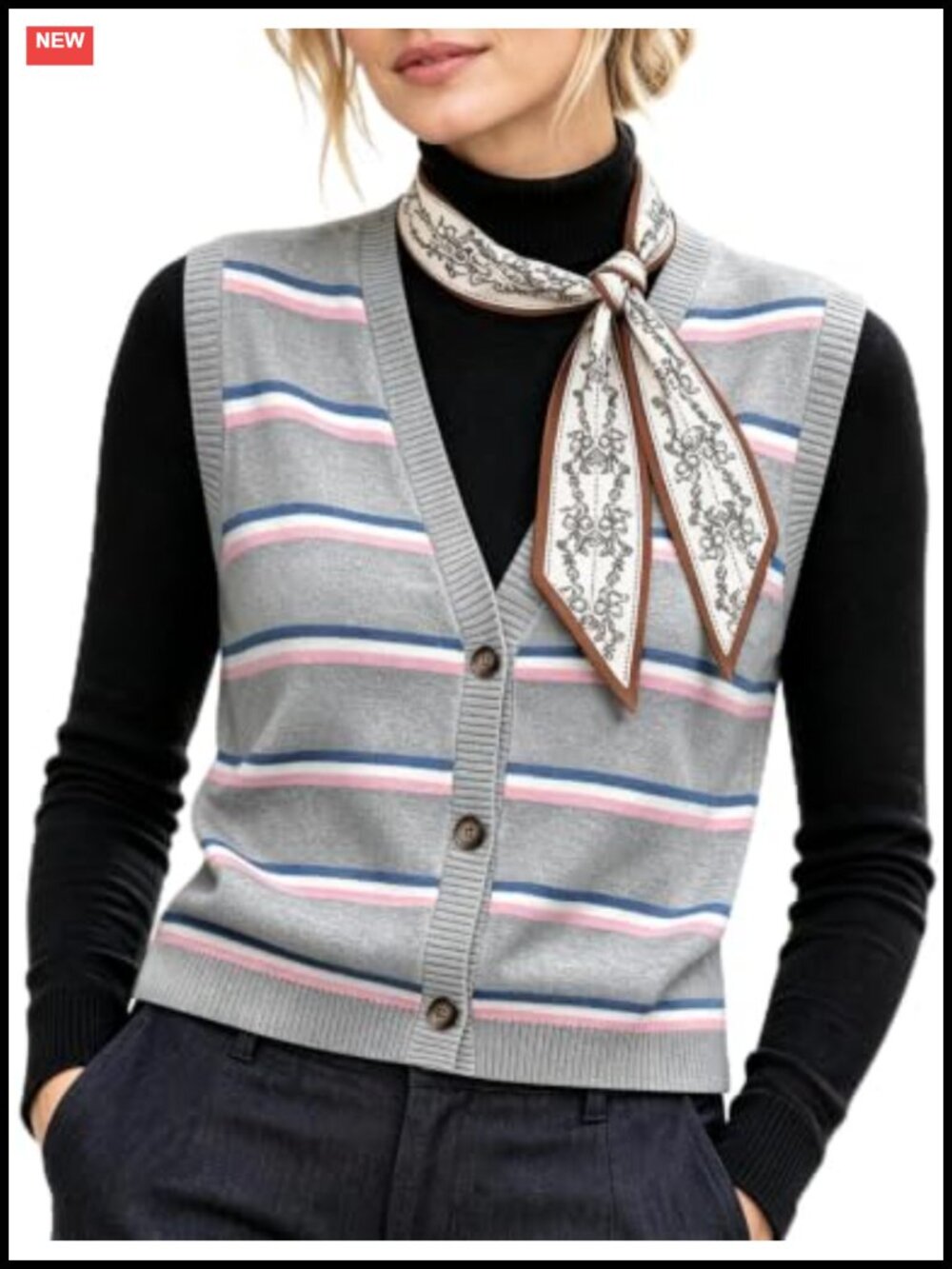 Women's Striped Knit Sweater Vest & Satin Scarf Set Sleeveless V-Neck Button